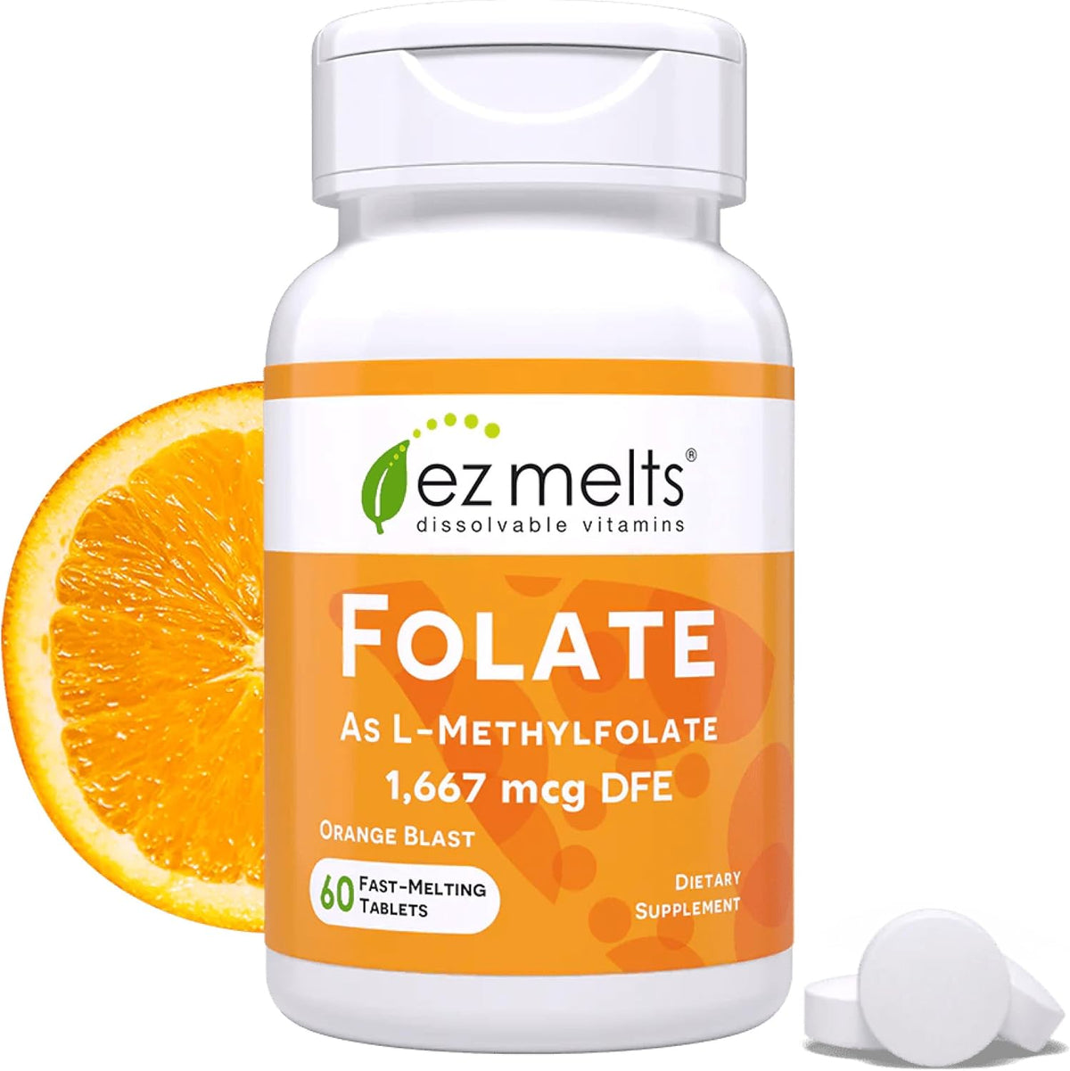 EZ Melts Dissolvable Folate - Methylated Folate Food Supplement - Orange Blast - 60 Tablets (1,667 mcg DFE) - görsel 1