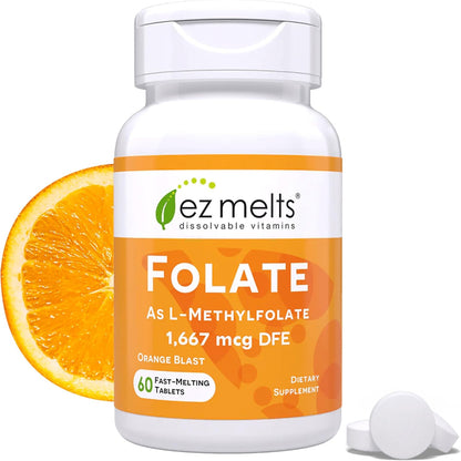 EZ Melts Dissolvable Folate - Methylated Folate Food Supplement - Orange Blast - 60 Tablets (1,667 mcg DFE)
