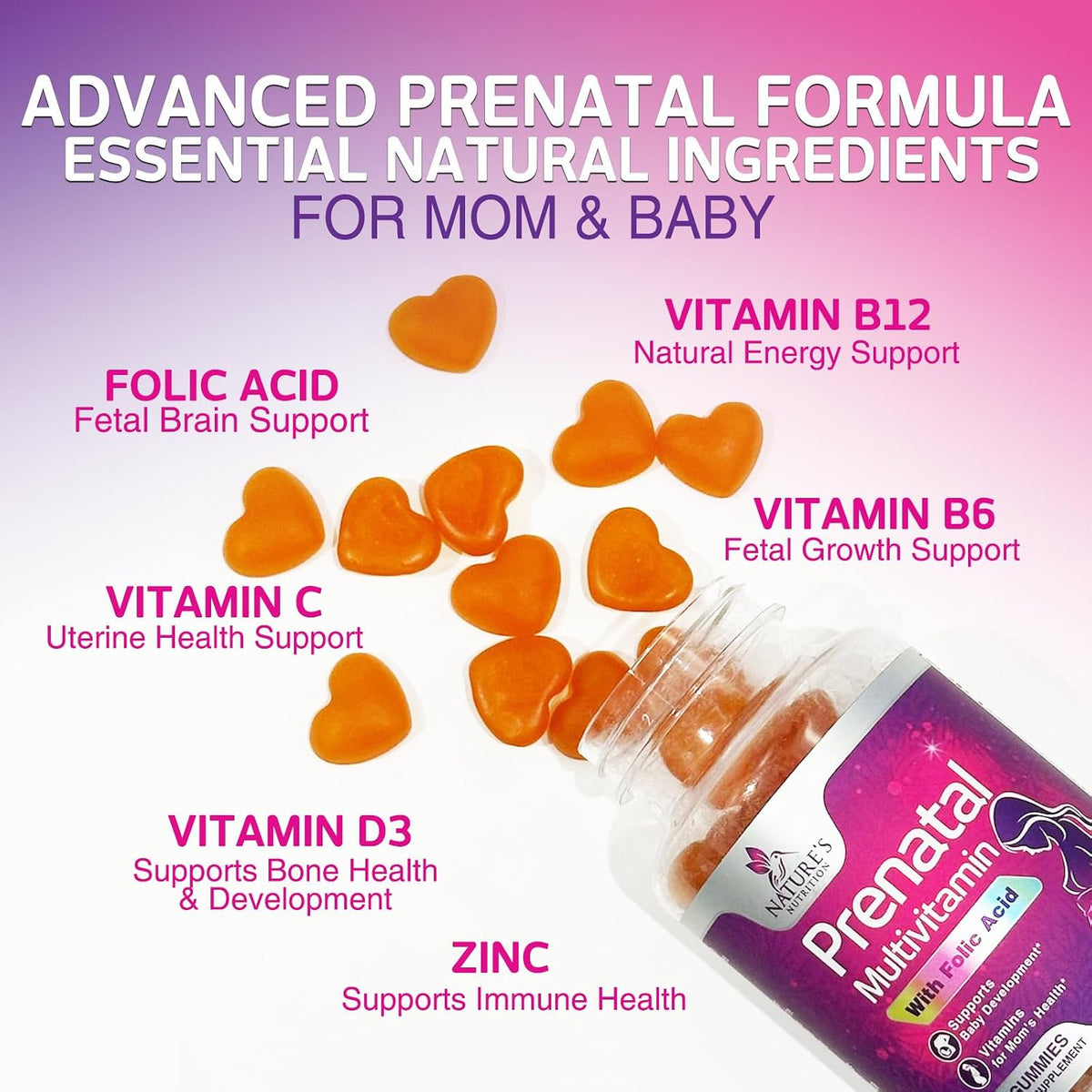 Prenatal Vitamins Gummies with Folic Acid and Choline - Nature's Nutrition, 60 Gummies - görsel 3