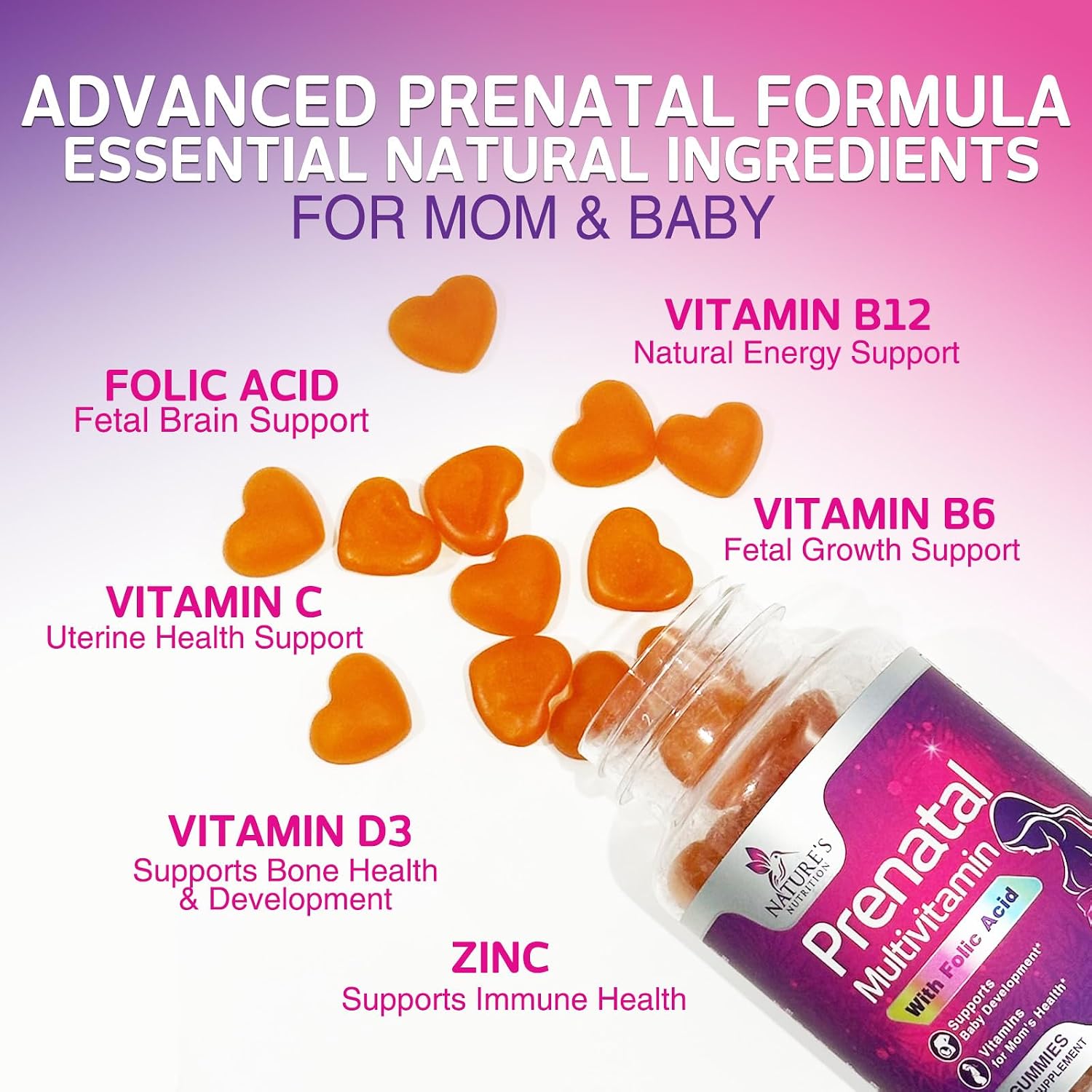 Prenatal Vitamins Gummies with Folic Acid and Choline - Nature's Nutrition, 60 Gummies - görsel 3