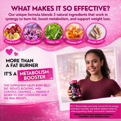 Fit C Xtreme Metabolism support – Herbal Supplement with Green Tea, Camu Camu & Ginger – Digestive & Energy Support – 550mg, 60 Capsules