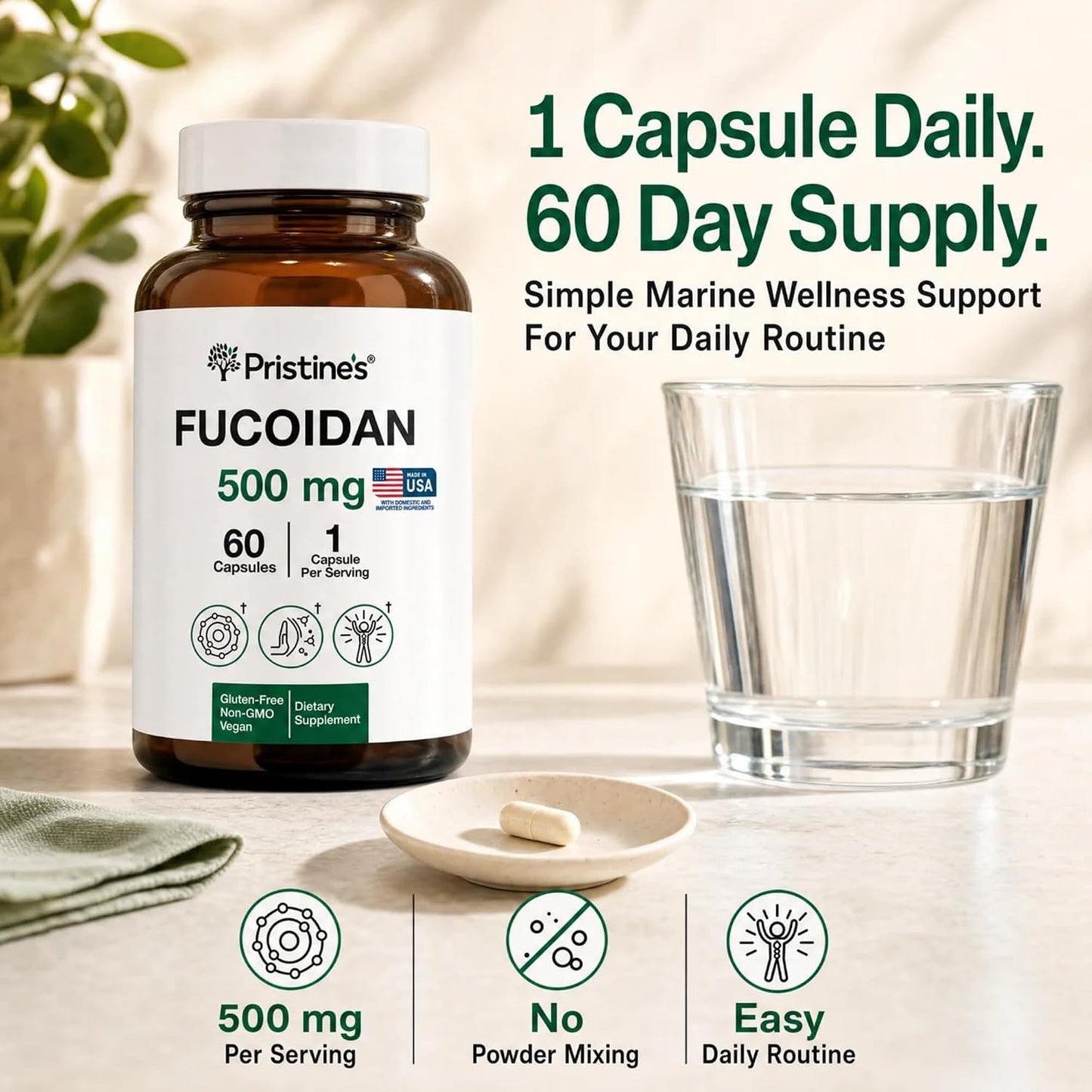 PRISTINE'S Fucoidan 500 mg Food Supplement Capsules – 60-Day Supply – Brown Seaweed Extract – Herbal Antioxidant for Respiratory and Skin Health Support - görsel 5