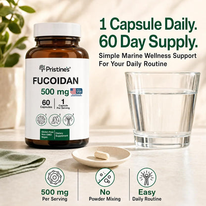 PRISTINE'S Fucoidan 500 mg Food Supplement Capsules – 60-Day Supply – Brown Seaweed Extract – Herbal Antioxidant for Respiratory and Skin Health Support