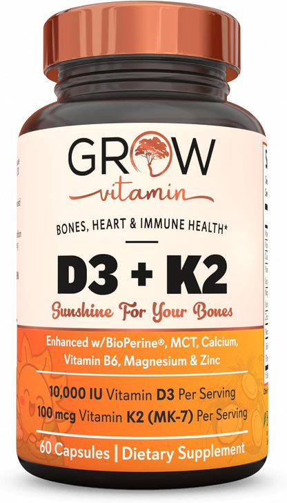 Vitamin D3 K2 with MCT Oil - 10,000 IU D3, 100 mcg K2 MK7, Calcium, Zinc, BioPerine, Magnesium - 60 Capsules