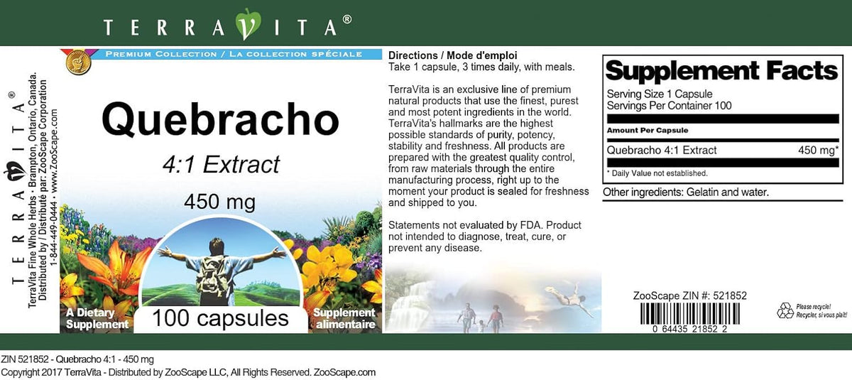 TerraVita Quebracho 4:1 Extract - 450 mg, 100 Capsules - görsel 3