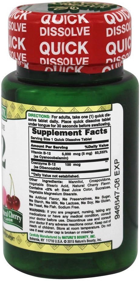 Nature's Bounty B-12 5000 mcg Quick Dissolve Tablets, Natural Cherry Flavour, 40 Count (Pack of 2) - görsel 2