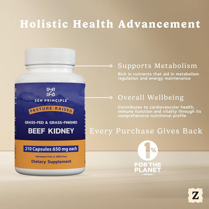 Zen Principle Grass Fed Beef Kidney Supplement – 210 Capsules, 3000 mg, DAO Enzyme for Histamine & Thyroid Function