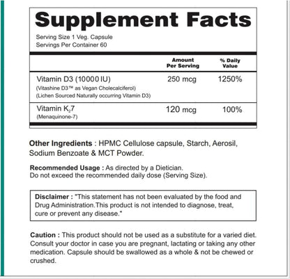 DK | Vegan Vitamin D3 10,000 IU, Vitamin K2 120 mcg with MCT Powder, Vegetarian Vitamin D3 K2 for Women and Men, Lichen Vitamin D3 - 60 Gluten-free Capsules