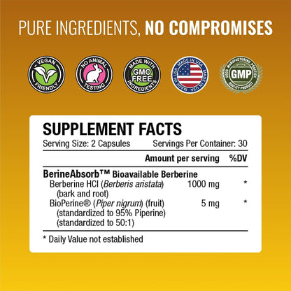 Approved Science Berberine 1000mg – High Absorption Berberine Supplement with BioPerine – 60 Capsules – 1 Month Supply – Vegan