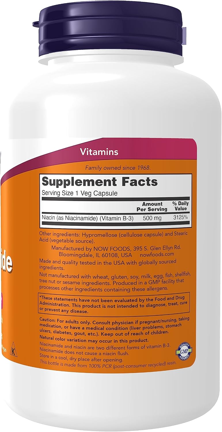 NOW Foods Niacinamide (Vitamin B-3) 500 mg, No Flush, 250 Veg Capsules - görsel 2