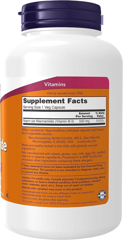 NOW Foods Niacinamide (Vitamin B-3) 500 mg, No Flush, 250 Veg Capsules