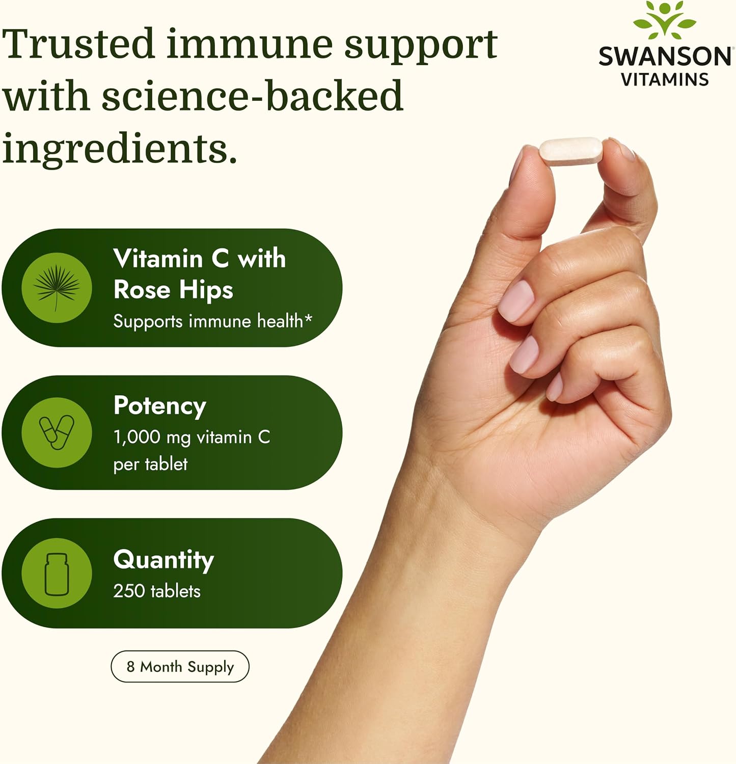 Swanson Timed-Release Vitamin C with Rose Hips – 1000 mg, 250 Tablets - görsel 3