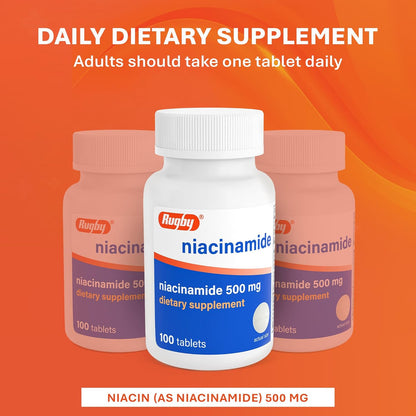 Rugby Niacinamide 500 mg Tablets, Gluten-Free Food Supplement for Adults, Supports Overall Health, No Artificial Flavours - 100 Count (Pack of 3)