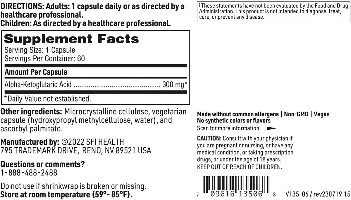 Klaire Labs SFI Health Alpha-Ketoglutaric Acid - 300 mg, 60 Vegetarian Capsules - görsel 5
