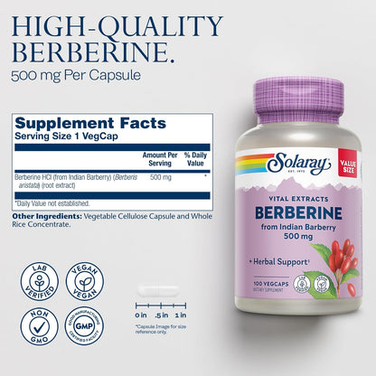 SOLARAY Berberine 500mg - Berberine HCl Food Supplement from Indian Barberry, Vegan, Non-GMO, 100 VegCaps