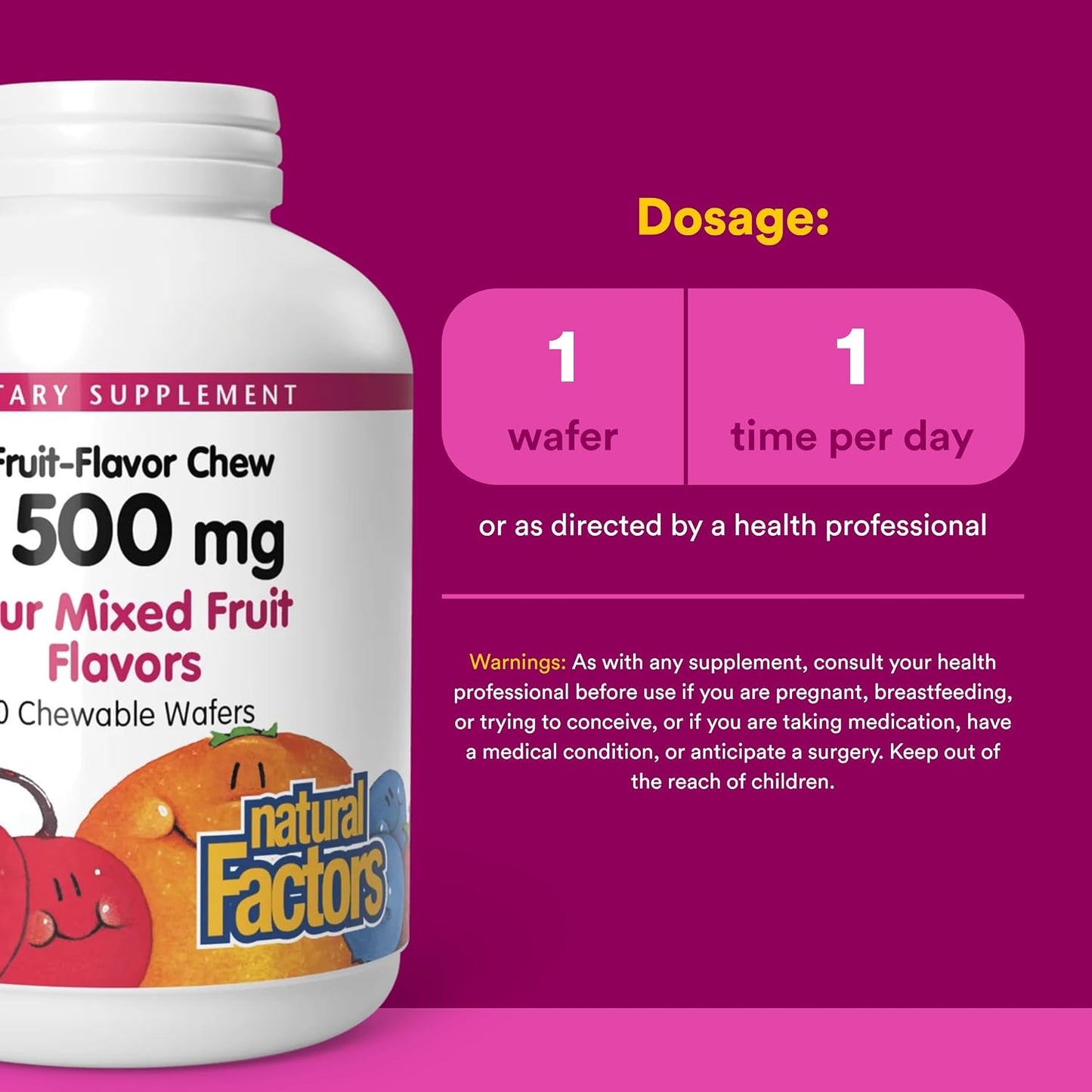 Natural Factors Kids Chewable Vitamin C 500 mg - Mixed Fruit - 90 Wafers - görsel 3