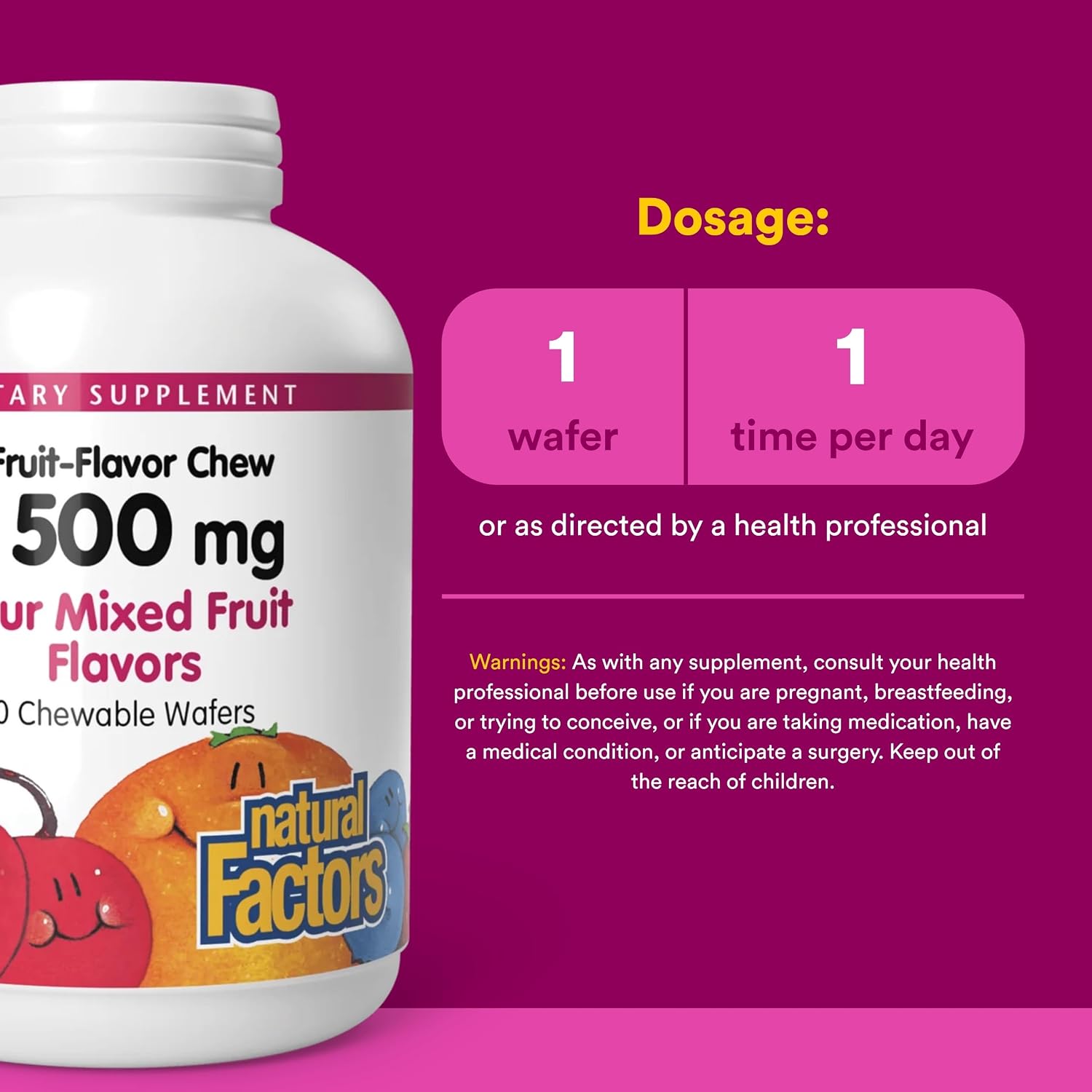 Natural Factors Kids Chewable Vitamin C 500 mg - Mixed Fruit - 90 Wafers - görsel 3