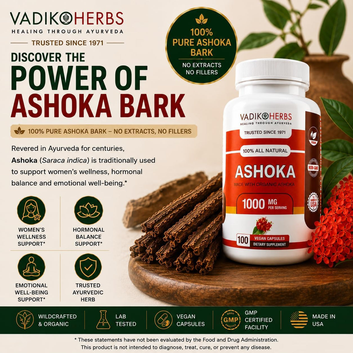 Vadik Herbs Ashoka Bark Capsules – Organic Saraca Indica, 1000mg – Women's Wellness & Hormonal Balance Support - görsel 3