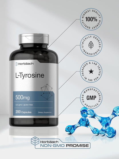 Horbaach L-Tyrosine 500mg – 200 Capsules – Amino Acid Supplement
