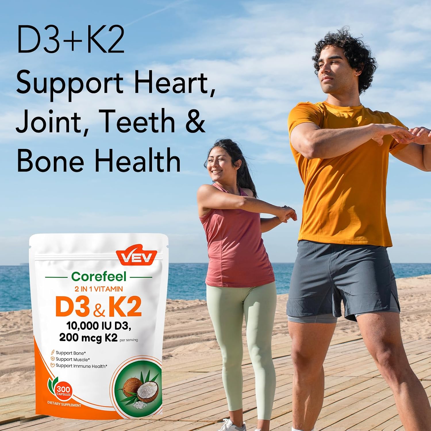 VEV Corefeel Vitamin D3 K2, 10,000 IU D3, 200mcg K2 (MK-7) – 300 Capsules - görsel 6