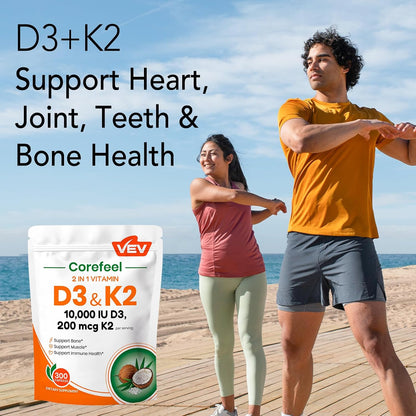VEV Corefeel Vitamin D3 K2, 10,000 IU D3, 200mcg K2 (MK-7) – 300 Capsules
