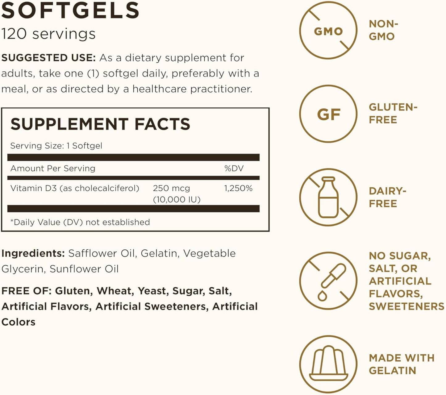 Solgar Vitamin D3 (Cholecalciferol) 250 mcg (10,000 IU) Softgels - 120 Capsules - görsel 2
