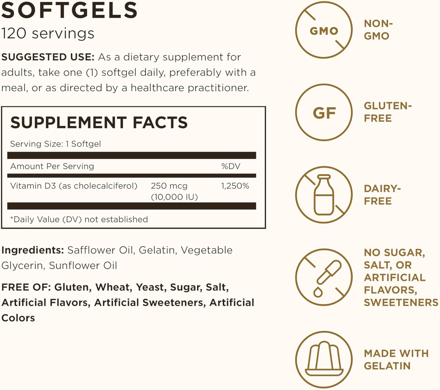 Solgar Vitamin D3 (Cholecalciferol) 250 mcg (10,000 IU) Softgels - 120 Capsules - görsel 2