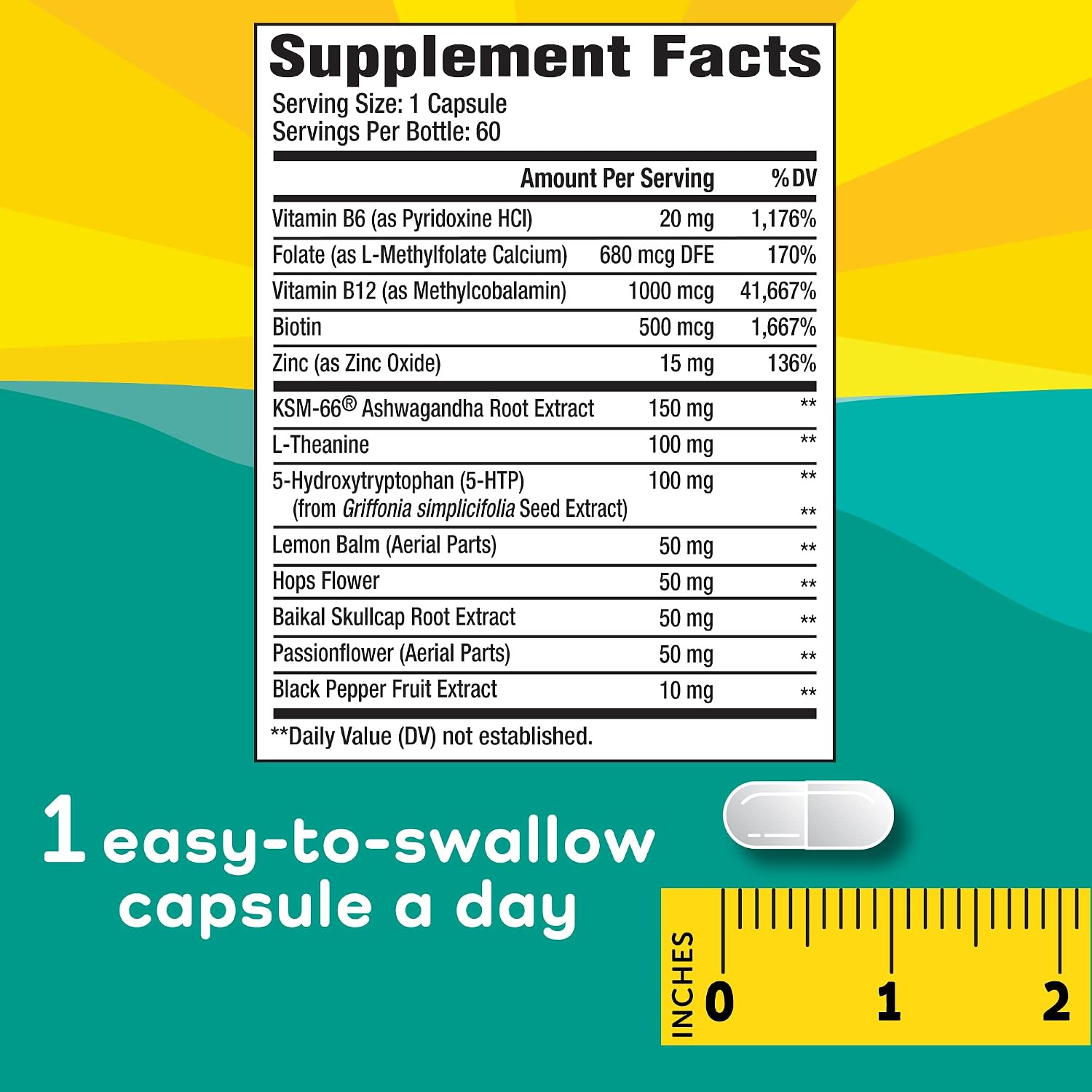 Calmable Stress Relief Aid for Teens - Vitamin B6, L-Theanine & Ashwagandha - Vegan Food Supplement - 60 Capsules - görsel 2