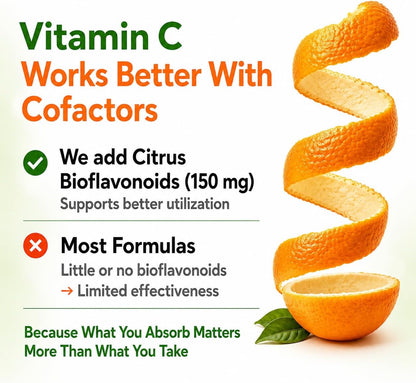 Natural Vitamin C from Organic Acerola Cherry - Enhanced Absorption - with Garlic Ginger & Citrus Bioflavonoids - Immune System & Collagen Booster - Anti-Ageing Skin Vitamins