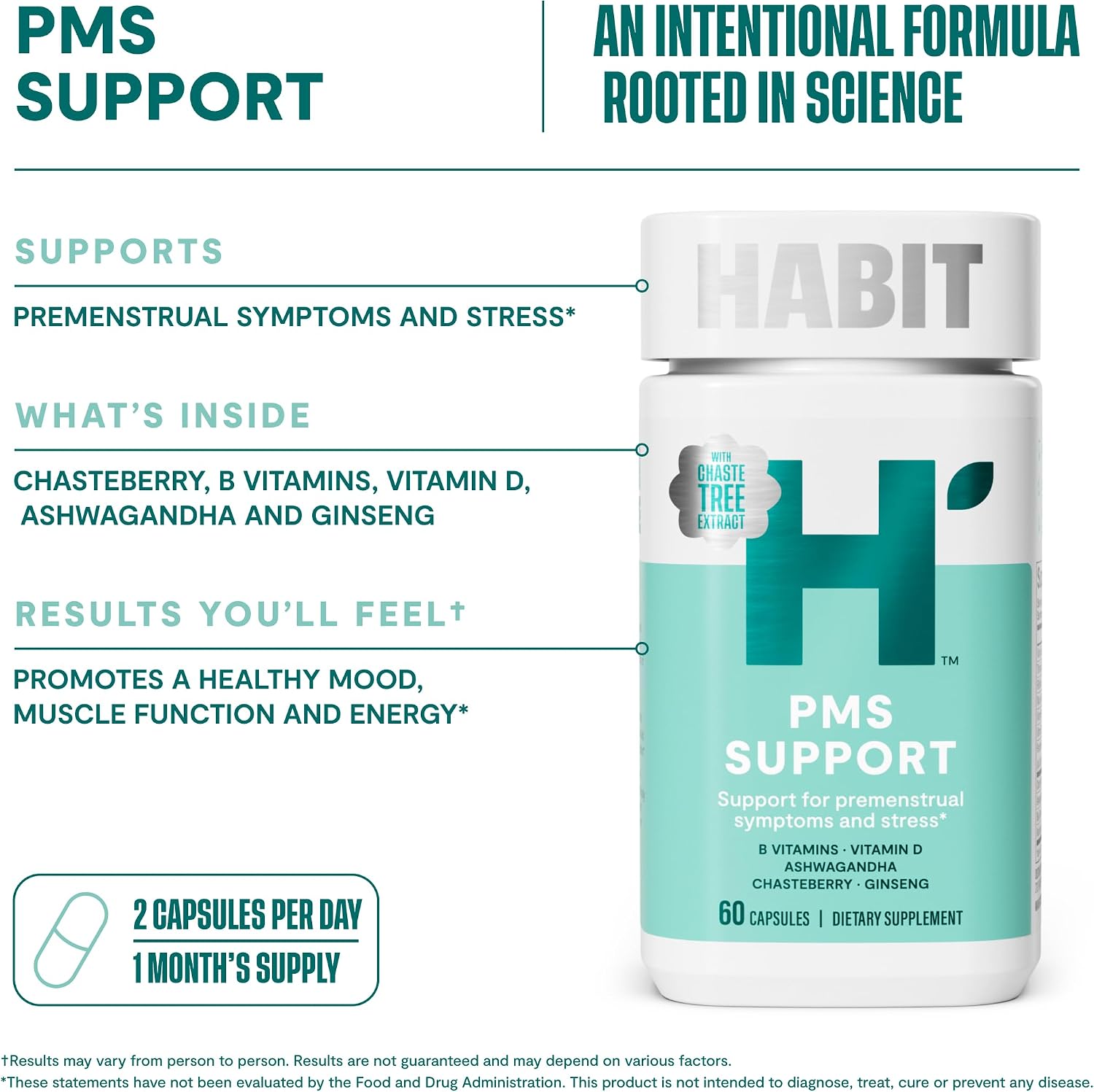 Habit PMS Support Supplement for Women (60 Capsules) – With B Vitamins, Vitamin D, Chasteberry, Ashwagandha, Black Cohosh for Nutritional Support During the Menstrual Cycle. Gluten-free, Non-GMO - görsel 7