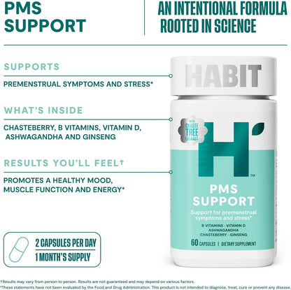 Habit PMS Support Supplement for Women (60 Capsules) – With B Vitamins, Vitamin D, Chasteberry, Ashwagandha, Black Cohosh for Nutritional Support During the Menstrual Cycle. Gluten-free, Non-GMO