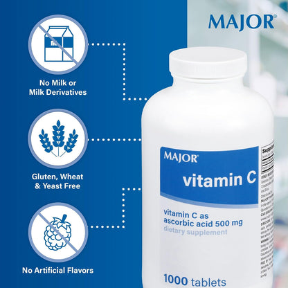 Major Vitamin C 500 mg Ascorbic Acid Tablets, 1000 Tablets