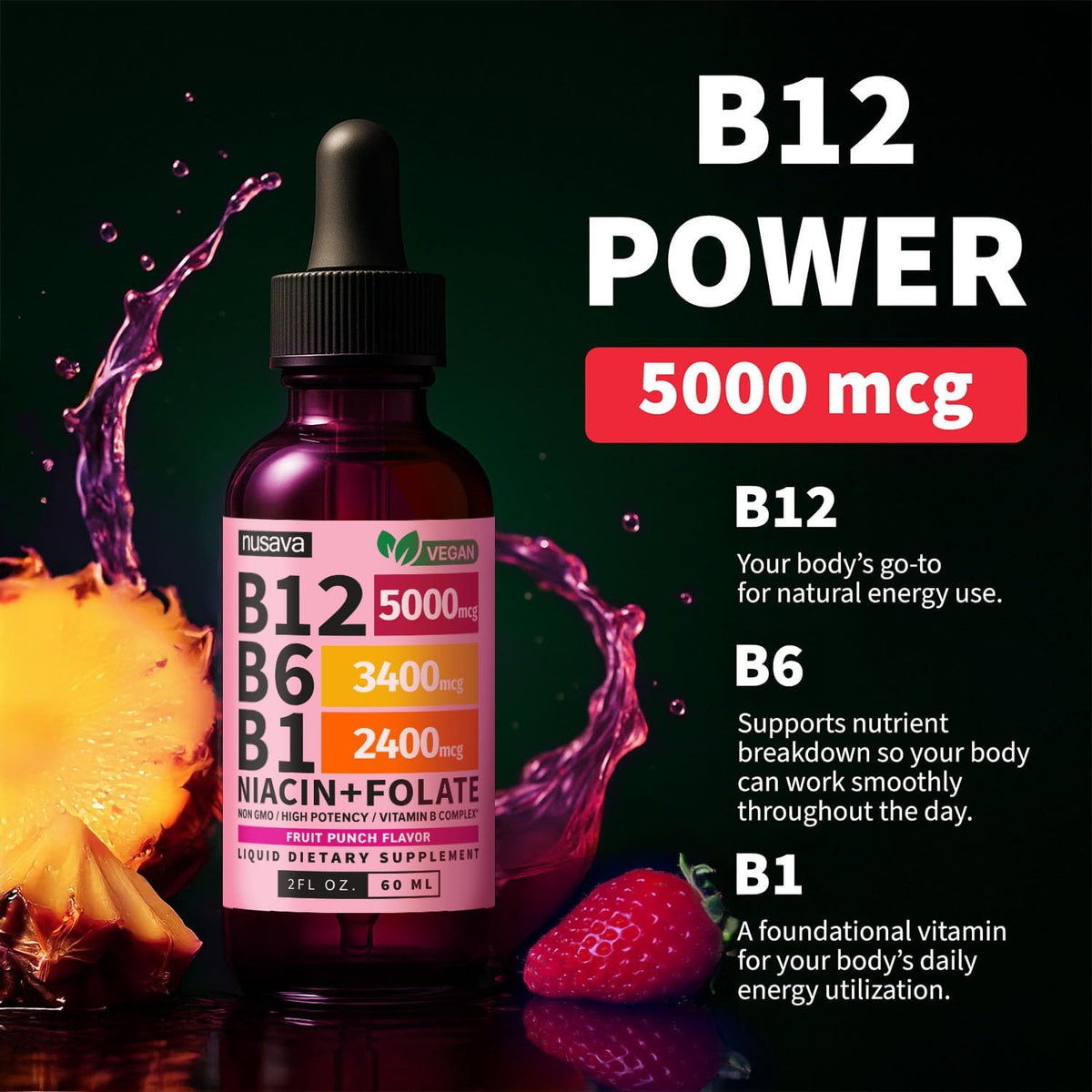 NUSAVA Vitamin B12 Liquid Drops 5000mcg - Sublingual B Complex with B6 & B1, Vegan, Non-GMO, Fruit Punch (2 Pack, 60 ml Each) - görsel 5