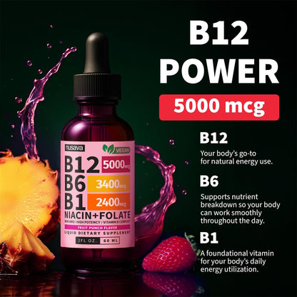 NUSAVA Vitamin B12 Liquid Drops 5000mcg - Sublingual B Complex with B6 & B1, Vegan, Non-GMO, Fruit Punch (2 Pack, 60 ml Each)