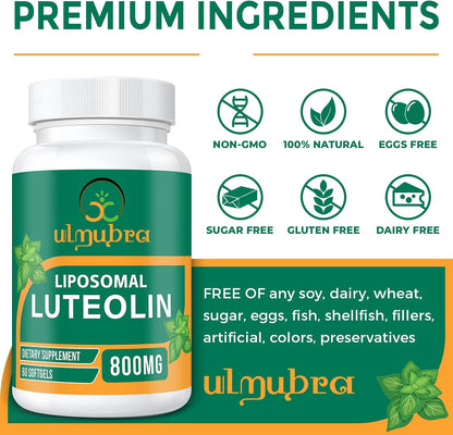 Ulmubra 800 MG Liposomal Luteolin Food Supplement - Enhanced Absorption, Premium Antioxidant for Brain & Overall Wellbeing, 60 Softgels - 30-Day Supply