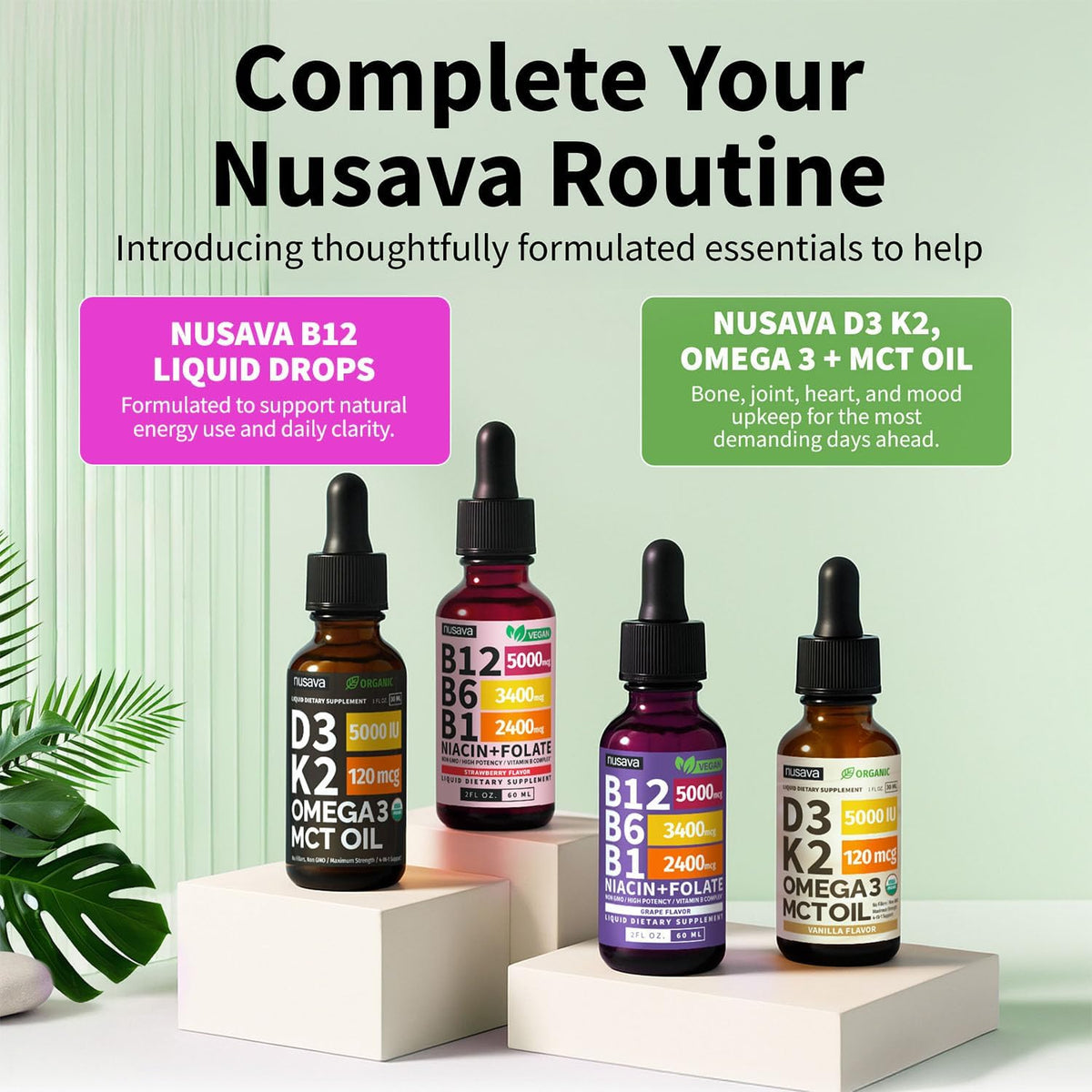 NUSAVA Vitamin B12 Liquid Drops 5000mcg - Sublingual B Complex with B6 & B1, Vegan, Non-GMO, Fruit Punch (2 Pack, 60 ml Each) - görsel 8