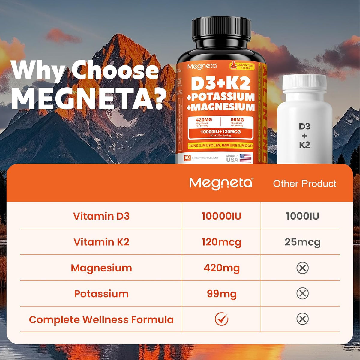 Vitamin D3 K2 (MK-7) 10,000 IU with Magnesium Glycinate & Potassium Supplement - High Absorption, 60 Capsules - görsel 7