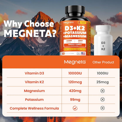 Vitamin D3 K2 (MK-7) 10,000 IU with Magnesium Glycinate & Potassium Supplement - High Absorption, 60 Capsules