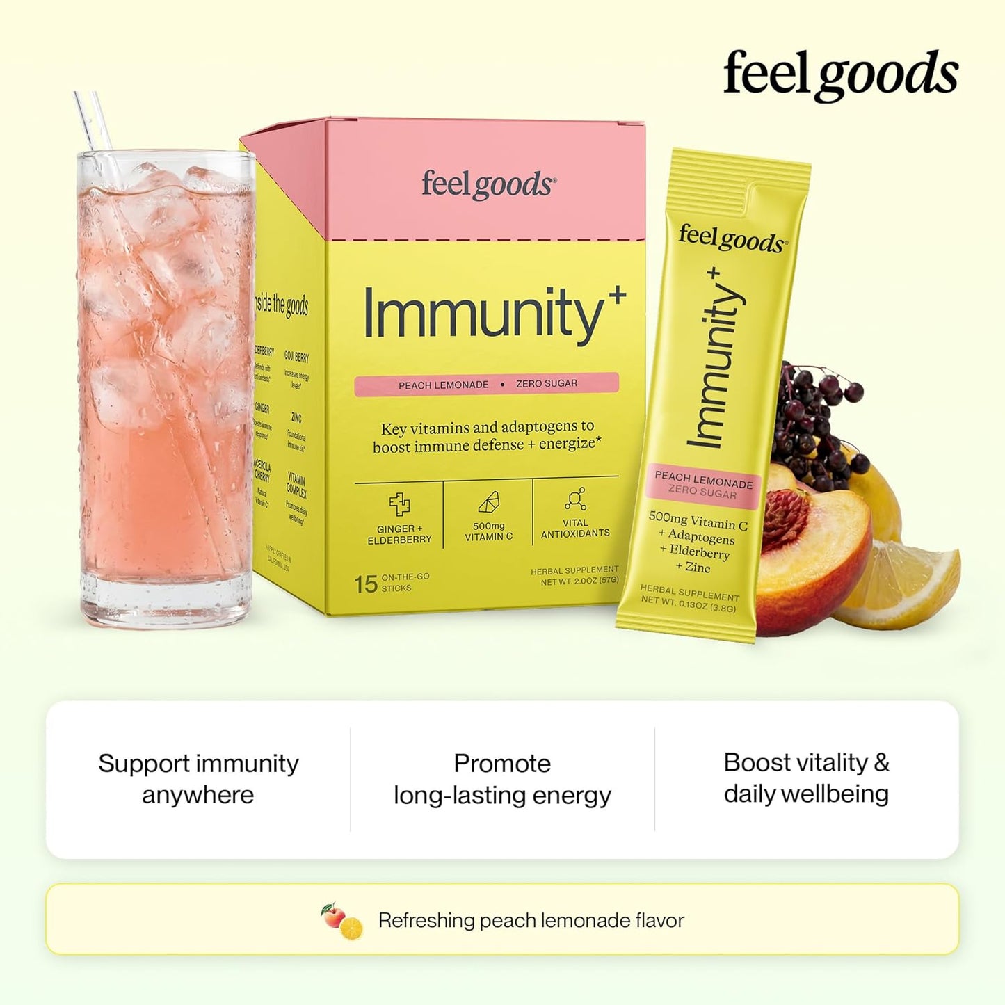 Feel Goods Immunity+ Immune Support Drink Mix - Peach Lemonade, 15 Stick Packs - görsel 2