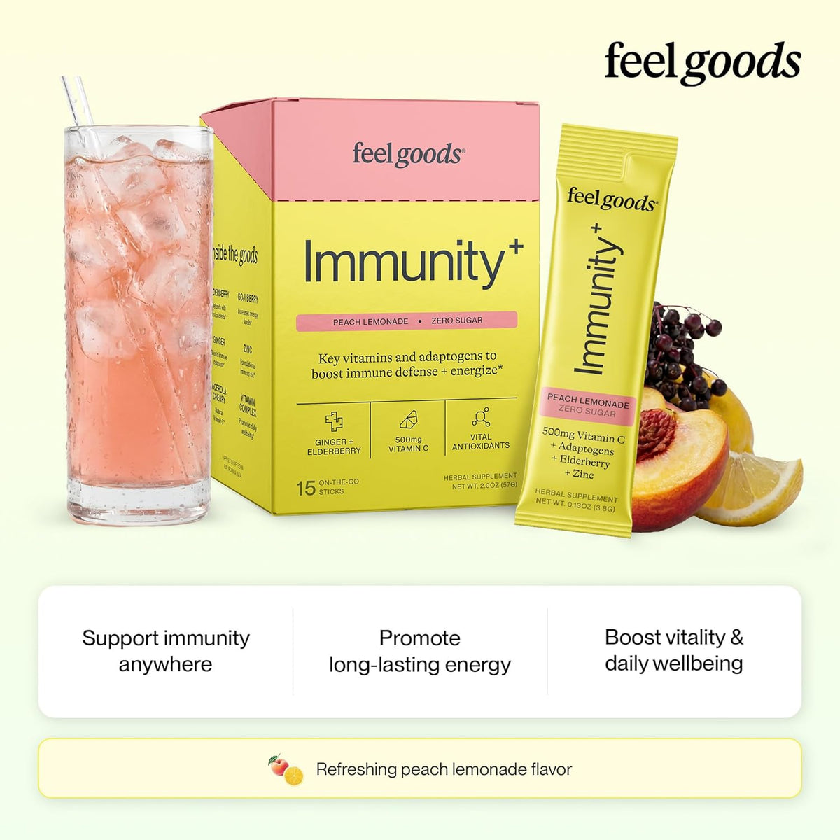 Feel Goods Immunity+ Immune Support Drink Mix - Peach Lemonade, 15 Stick Packs - görsel 2