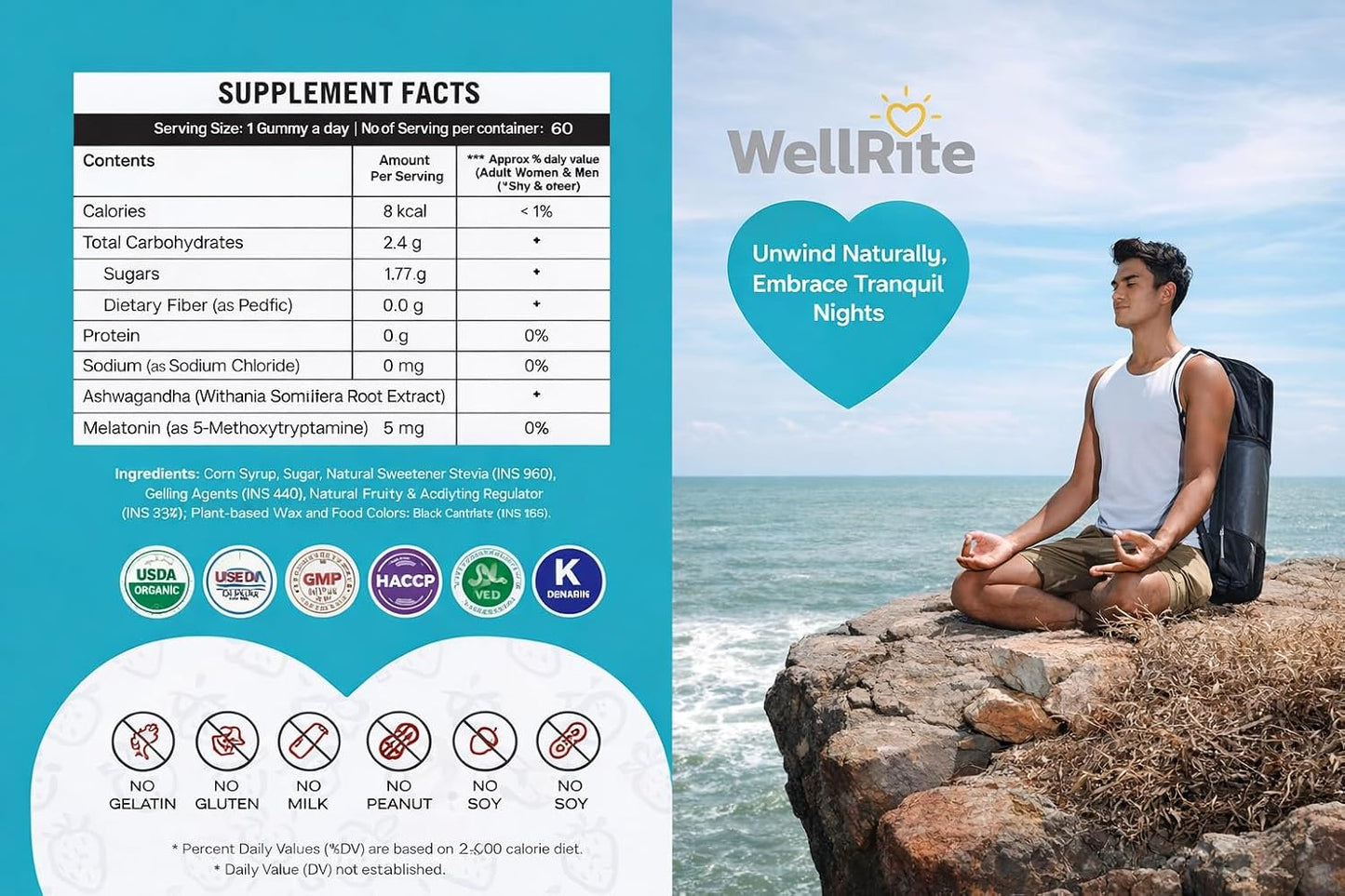 Wellrite Relax Gummy Vitamins with Ashwagandha & Melatonin, 60 Count, Strawberry Flavour - görsel 5