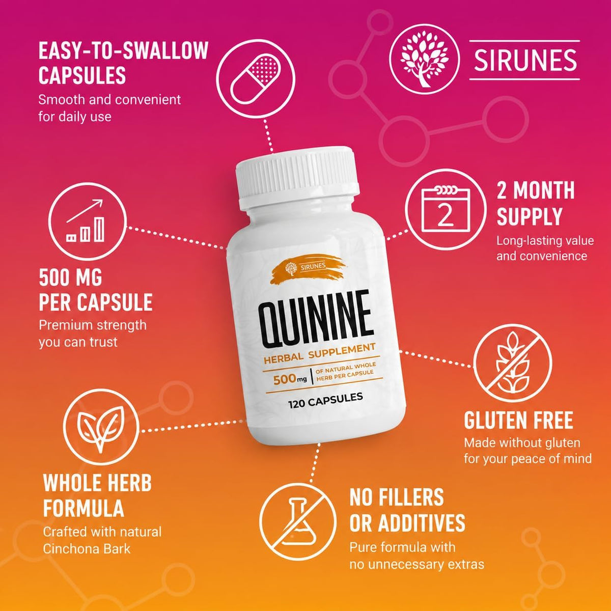 SIRUNES Cinchona Bark Quinine Capsules – Herbal Food Supplement for Muscle and Digestive Support – 500 mg, 120 Capsules - görsel 5