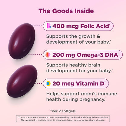 OLLY Ultra Strength Prenatal Multivitamin Softgels with DHA, Folic Acid, Iron, Vitamins B, C, D, E – 60 Softgels (30 Day Supply)