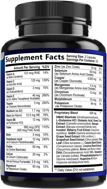 Nature's Peak Brain Memory Supplement – Nootropic Cognitive Support with Bacopa, Phosphatidylserine & DMAE, 60 Capsules