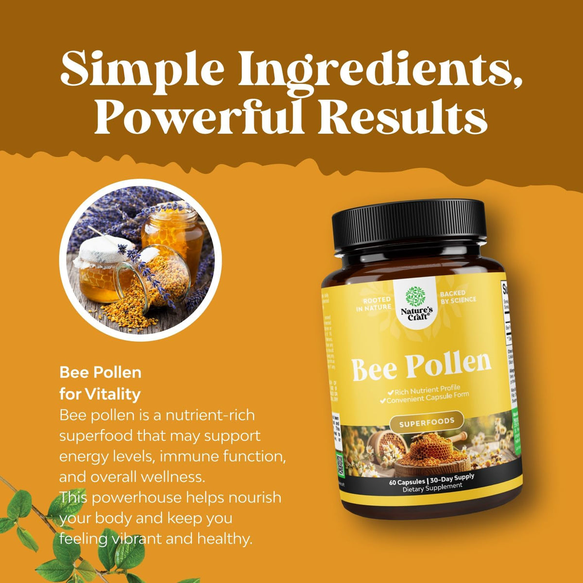 Bee Pollen Capsules for Breast Support 60 Ct - Bee Pollen Supplement 1000mg Serving with Naturally Occurring B Vitamins Minerals & Enzymes – Breast Support Supplement – Vegetarian Non-GMO & Gluten-free - görsel 4