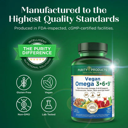 Purity Products Vegan Omega 3-6-9 – 5-in-1 Plant-Based Essential Fatty Acid Complex (60 Softgels)