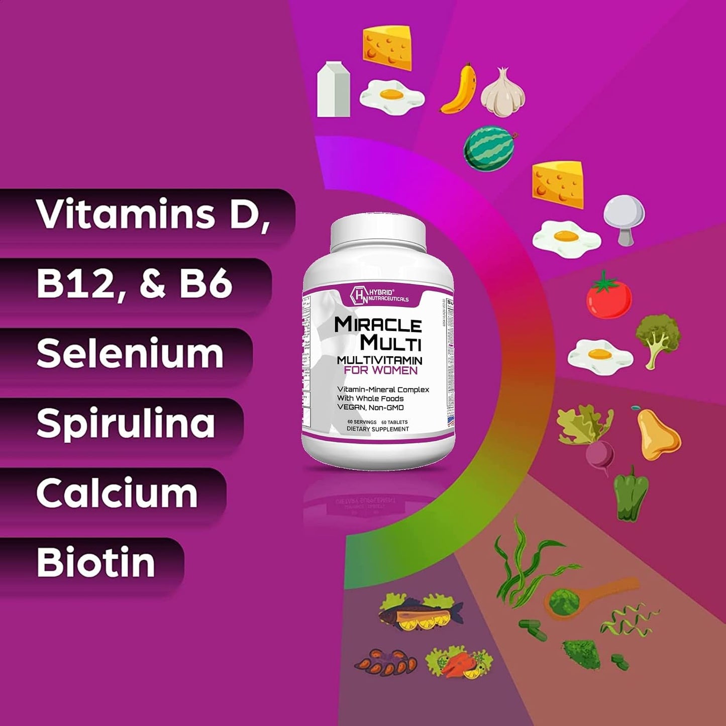 MiracleMulti Women's Multivitamin with Probiotics, Biotin, Folic Acid, Enzymes & Fruit/Vegetable Blend, 60 Capsules (Non-GMO) - görsel 3