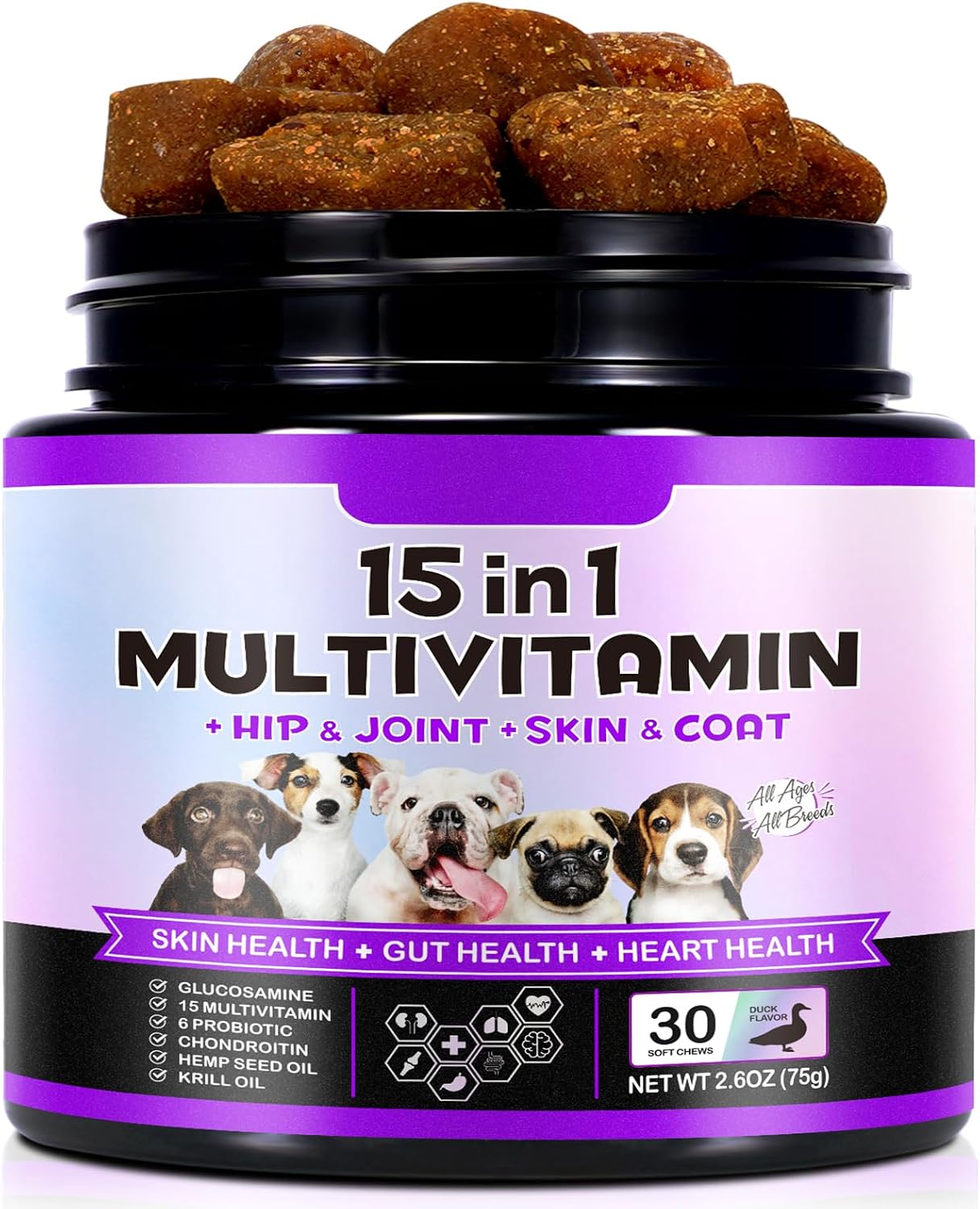 Dog Multivitamin Chewable, Dog Daily Vitamins and Supplements, 15-in-1 Complete Daily Supplement with Glucosamine & Probiotics – Duck Flavour, 150 Chews - görsel 1
