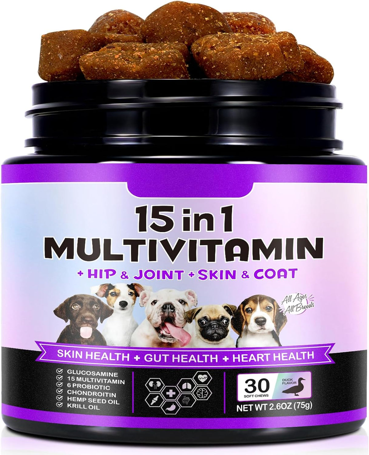 Dog Multivitamin Chewable, Dog Daily Vitamins and Supplements, 15-in-1 Complete Daily Supplement with Glucosamine & Probiotics – Duck Flavour, 150 Chews - görsel 1