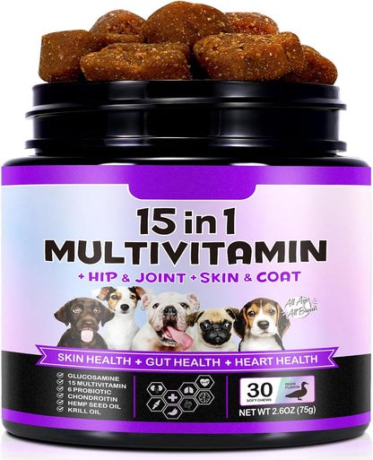 Dog Multivitamin Chewable, Dog Daily Vitamins and Supplements, 15-in-1 Complete Daily Supplement with Glucosamine & Probiotics – Duck Flavour, 150 Chews